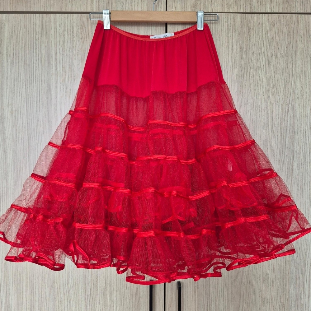 Bettie Page Vibrant Red Layered Midi Skirt